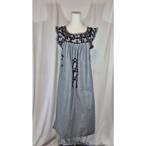 Mi Golondrina Flores Gray Chambray Midi Dress Black Floral Embroidered Medium